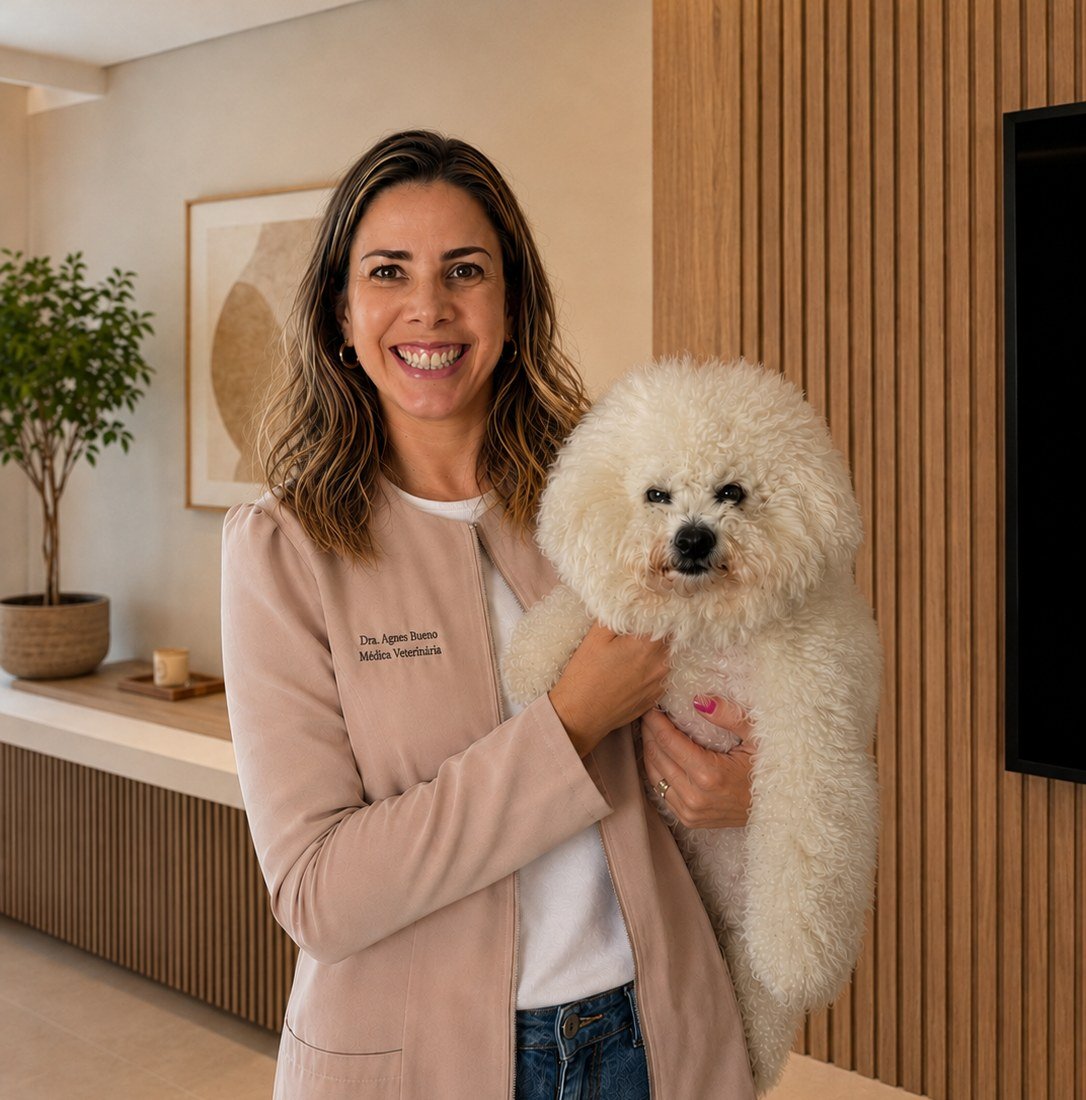Dra. Agnes Bueno com uma cadela poodle branca no colo